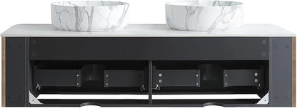 60" Floating Bathroom Vanity with Carrara Finish Sink, Honey Oak | Pre-Assembled Fluted Wall Mounted Double Sink Vanity with Sintered Stone Countertop, Soft-Close Drawers & Towel Rack