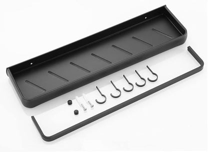 Modern Double Layer Bathroom Storage Shelves and One Towel Bar and 5 Moveable Hooks, Wall Mounted Black Aluminum Towel Holders Towel Rack, Bath/Kitchen Storage Shelf (Black-15.7Inches)