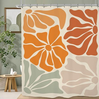 Matisse Flower Shower Curtain 60Wx72L Inch Abstract Retro Aesthetic Minimalist Vintage Art 70s Modern Orange Green Tan Bathroom Set Accessories Decor with 12 Pack Hooks