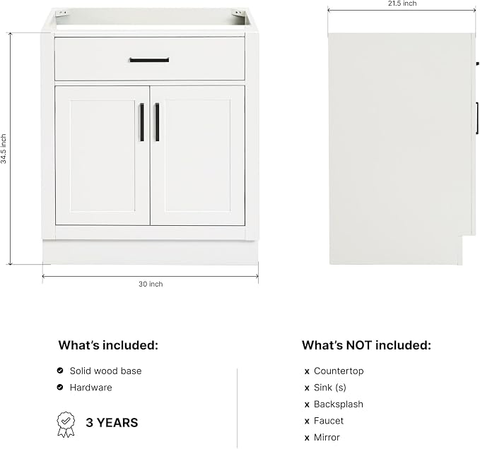 ARIEL Hepburn 30-inch Bathroom Vanity Base Cabinet,Solid Wood, 2 Soft Closing Doors, 1 Dovetail Drawers, White