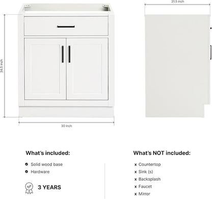 ARIEL Hepburn 30-inch Bathroom Vanity Base Cabinet,Solid Wood, 2 Soft Closing Doors, 1 Dovetail Drawers, White