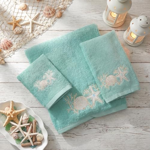 Gilprop 3 Pcs Coastal Ocean Bath Cotton Towels Set Teal Embroidered Towels