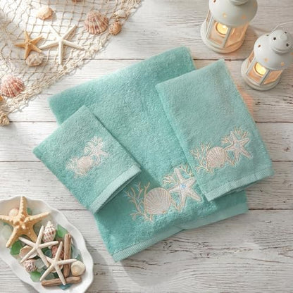 Gilprop 3 Pcs Coastal Ocean Bath Cotton Towels Set Teal Embroidered Towels