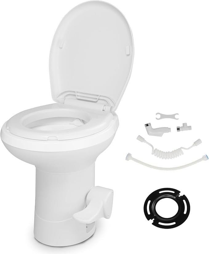 RV Portable Toilet with Gravity Flush –,Hands-Free Foot Pedal Design, Standard Seat Height for Campers & Trailers