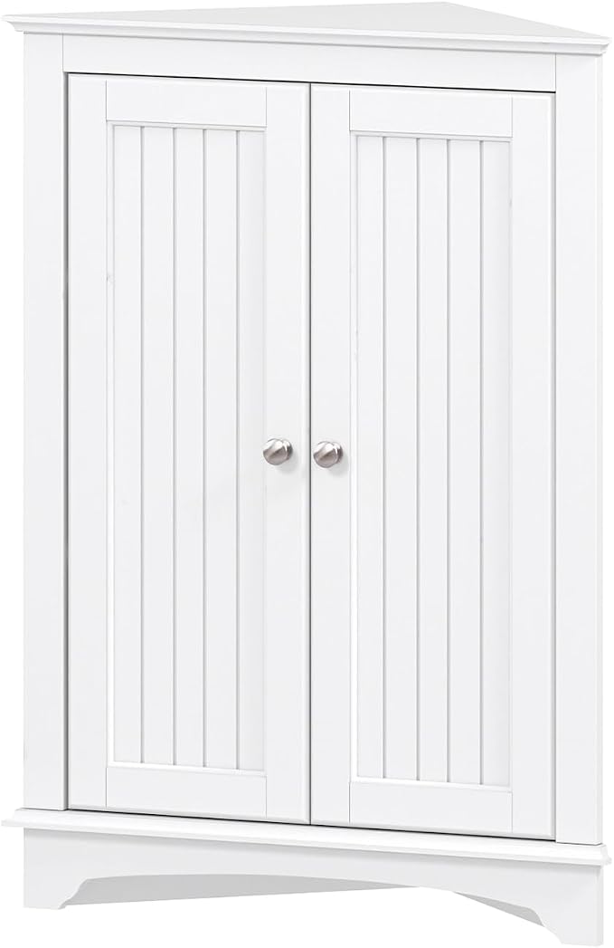 Spirich Corner Bathroom Cabinet with Doors and Adjustable Shelf, White | 2 Beadboard Doors, Adjustable Shelf, Space-Saving Triangular Design for Bathrooms, Kitchens, Living Rooms, and Entryways