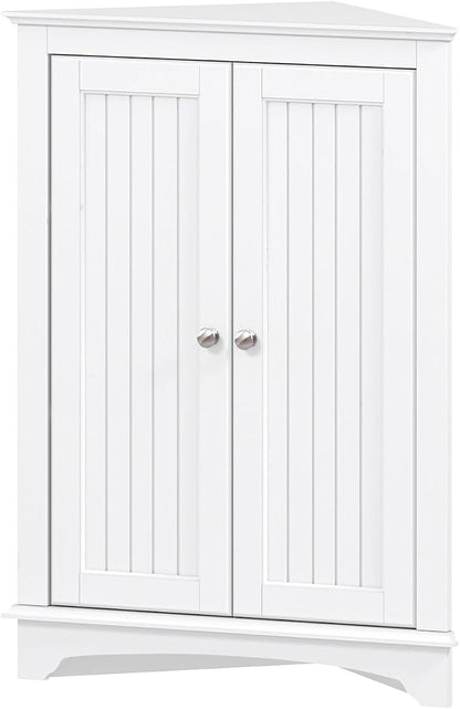 Spirich Corner Bathroom Cabinet with Doors and Adjustable Shelf, White | 2 Beadboard Doors, Adjustable Shelf, Space-Saving Triangular Design for Bathrooms, Kitchens, Living Rooms, and Entryways