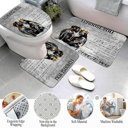4pcs Romantic Couples Shower Curtain and Rugs Toilet Lid Cover Bath Mat, Fathers Day Full in Love Black Man Women Shower Curtain Set with Hooks, Black King Queen Bathroom Decor Set