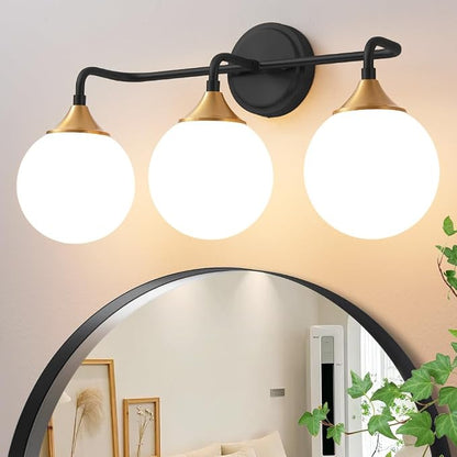 Black Gold Bathroom Light Fixtures Over Mirror Vanity 3-Light | Mid Century Modern Matte Black Gold Wall Sconce with Milky White Glass Ball Shades for for Bathroom Dressing Table Bedroom