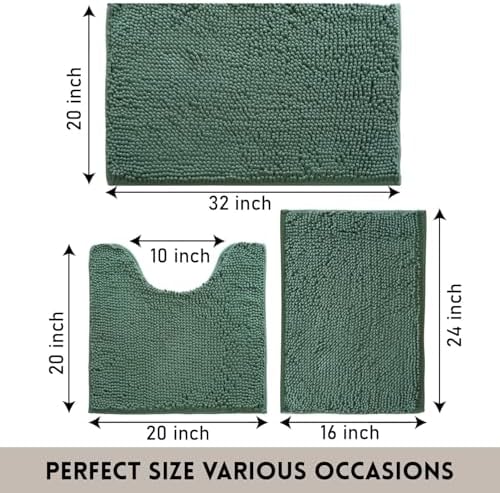 Bathroom Rugs Sets 3 Piece Non Slip,Bath Rugs with PVC Backing Bath Carpet,Bathroom Rug Washable,Absorbent,Plush Carpet Mats,Bath Mats for Bedroom, Kitchen,Tub,Home Decor Dark Green
