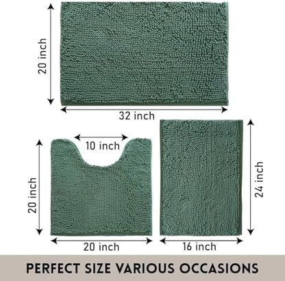 Bathroom Rugs Sets 3 Piece Non Slip,Bath Rugs with PVC Backing Bath Carpet,Bathroom Rug Washable,Absorbent,Plush Carpet Mats,Bath Mats for Bedroom, Kitchen,Tub,Home Decor Dark Green