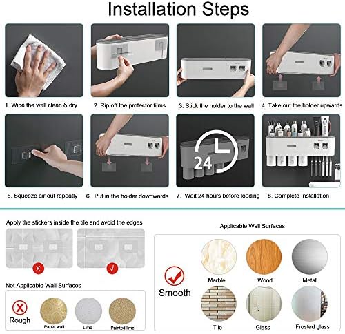 Toothbrush Holders for Bathrooms Wall Mounted, 6 Slot Toothbrush Holder with 2 Automatic Toothpaste Dispensers, 2 Magnetic Cups, Large Capacity Bathroom Organizer, Wall Storage with Drawer