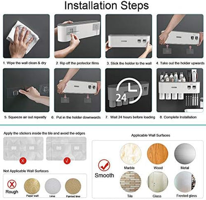 Toothbrush Holders for Bathrooms Wall Mounted, 6 Slot Toothbrush Holder with 2 Automatic Toothpaste Dispensers, 2 Magnetic Cups, Large Capacity Bathroom Organizer, Wall Storage with Drawer