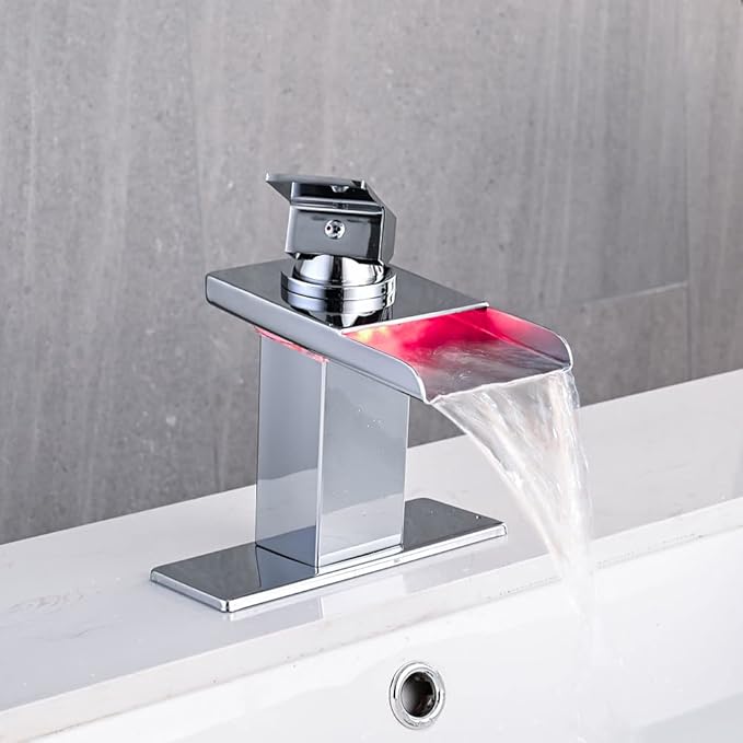 LED Bathroom Sink Faucet, Chrome Waterfall Single Hole Handle Vanity Faucets for Sinks 1 Hole with Metal Pop Up Drain and 2 Water Supply Lines, Stainless Steel Spout