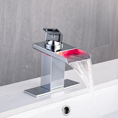 LED Bathroom Sink Faucet, Chrome Waterfall Single Hole Handle Vanity Faucets for Sinks 1 Hole with Metal Pop Up Drain and 2 Water Supply Lines, Stainless Steel Spout
