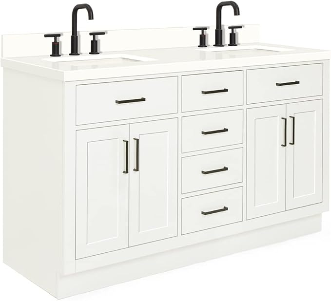 ARIEL Hepburn 60-inch Bathroom Vanity with Sink,Solid Wood, 1.5-inch Pure White Quartz Countertop & Backsplash, Double Rectangular Porcelain Sink, 4 Soft Closing Doors, 6 Dovetail Drawers, White