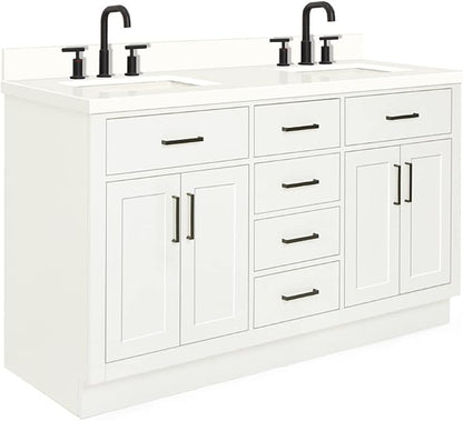ARIEL Hepburn 60-inch Bathroom Vanity with Sink,Solid Wood, 1.5-inch Pure White Quartz Countertop & Backsplash, Double Rectangular Porcelain Sink, 4 Soft Closing Doors, 6 Dovetail Drawers, White