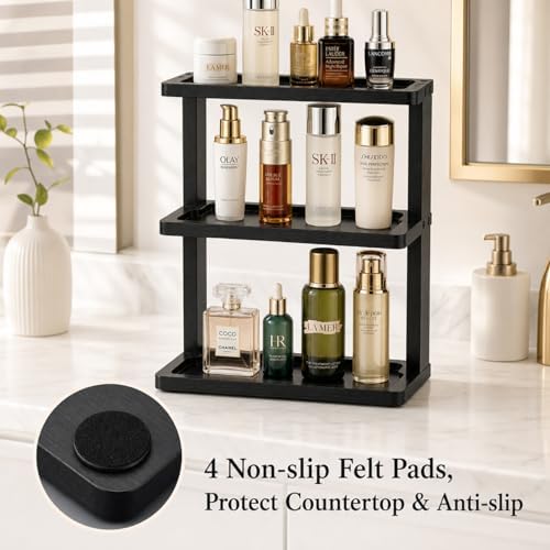 PEKER Bamboo Bathroom Organizer Countertop – Vanity Storage Shelf for Makeup, Perfume, Skincare – Natural Cosmetics Display Rack for Dresser, Sink, Kitchen – Black
