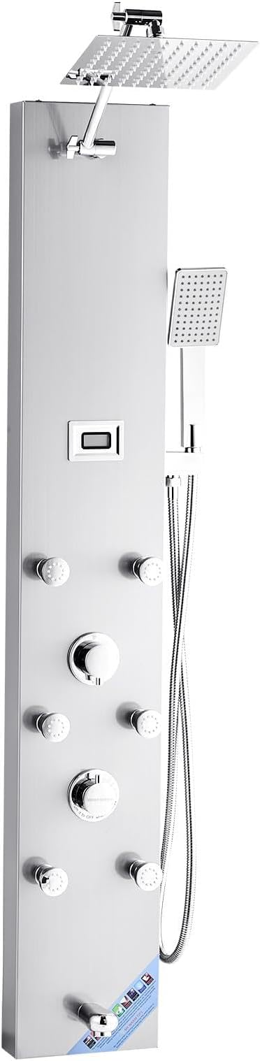 VEVOR Shower Panel Tower System with Rainfall Shower Head, LED, 49 in Brushed Stainless Steel Shower Column, 4-Function Faucet, Wall-Mount Rain Massage System with 6 Body Jets, Handheld, and Tub Spout