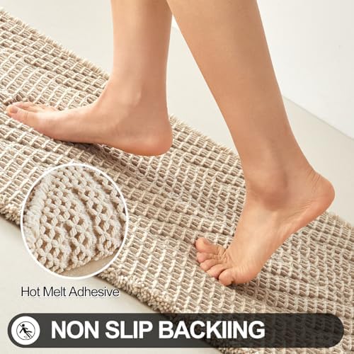 Sunfly Waffle Bath Mat, Boho Bath Rugs for Bathroom Floor Super Absorbent & Quick Dry, Non-Slip Washable Bath Mat with Tassels, Ultra Soft Farmhouse Bathroom Decor 24"*48" Beige