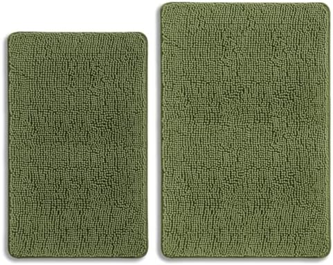 Sage Bathroom Rugs Sets 2 Piece – Absorbent and Washable Bath Mat, Non-Slip, Thick Soft Chenille Bath Rugs for Bathroom Floor, Shower, Sink - 20" x 32"+24" x 36"