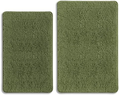 Sage Bathroom Rugs Sets 2 Piece – Absorbent and Washable Bath Mat, Non-Slip, Thick Soft Chenille Bath Rugs for Bathroom Floor, Shower, Sink - 20" x 32"+24" x 36"