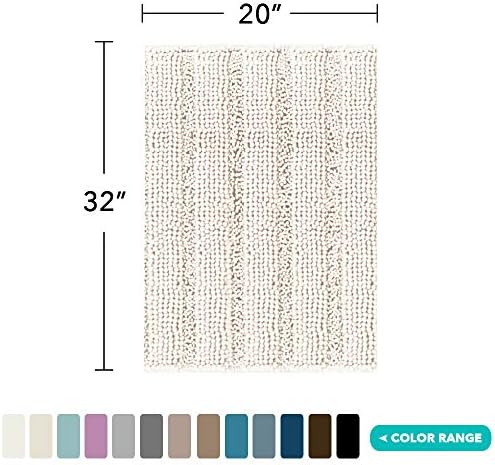 Turquoize Chenille Bath Mat, Soft Absorbent Shag Rug, Non Slip Bathroom Rugs, 20 x 32, Ivory