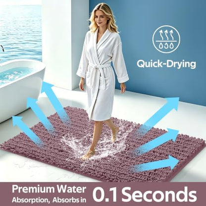 ACCUMTEK Upgrade Extra Large Mauve Bathroom Rug Set 3 Pieces Ultra Soft, Thick Absorbent Bath Mats, Non Slip Chenille Toilet Mat for Bathroom, Bedroom, Kitchen
