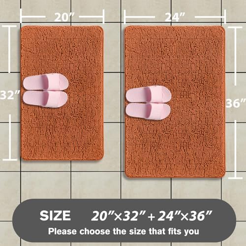 Burnt Orange Bathroom Rugs Sets 2 Piece – Absorbent and Washable Bath Mat, Non-Slip, Thick Soft Chenille Bath Rugs for Bathroom Floor, Shower, Sink - 20" x 32"+24" x 36"