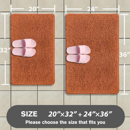 Burnt Orange Bathroom Rugs Sets 2 Piece – Absorbent and Washable Bath Mat, Non-Slip, Thick Soft Chenille Bath Rugs for Bathroom Floor, Shower, Sink - 20" x 32"+24" x 36"