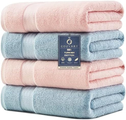 COZYART Luxury Bath Towels 4 PCS, 650 GSM Turkish Cotton, Pink+Light Blue