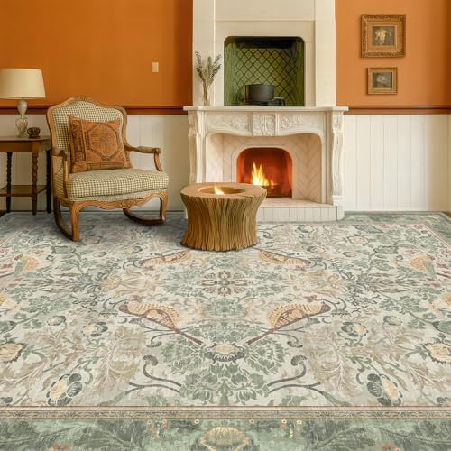 Hazo Haus Washable Living Room Rug 7x10 - Sage Floral Rugs for Bedroom, Vintage Bird Patterned Dining Room Kitchen Table Rug for Under Table, Stain Resistant Non-Slip