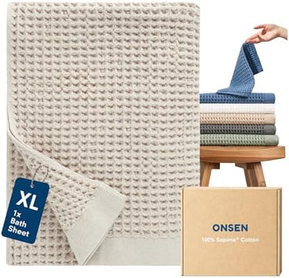ONSEN Supima® Waffle Bath Sheet, Large, Quick Dry Lint Free 100% USA Cotton, Oversize Lightweight Absorbent Bath Sheet, 38x67 in (Oatmeal, 1x Bath Sheet)