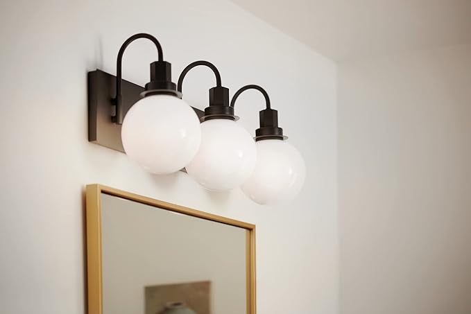 Kichler Hex 3-Light Vanity Light, Modern Light with Opal Glass in Black, Install Up or Down, Damp Rated, for Bathroom Vanity (22.75" x 10.25"), 55151BK