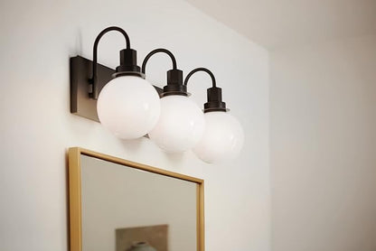 Kichler Hex 3-Light Vanity Light, Modern Light with Opal Glass in Black, Install Up or Down, Damp Rated, for Bathroom Vanity (22.75" x 10.25"), 55151BK
