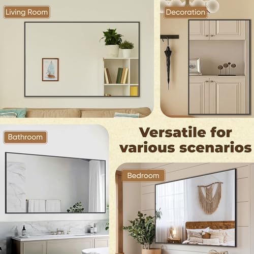 Antok 55x30 Black Metal Framed Bathroom Mirror, Wall Mirror with Rect Corners, Vanity Mirror for Over Sink, Anti-Rust Tempered Glass, Horizontal/Vertical Hanging for Bathroom, Living Room, Entryway