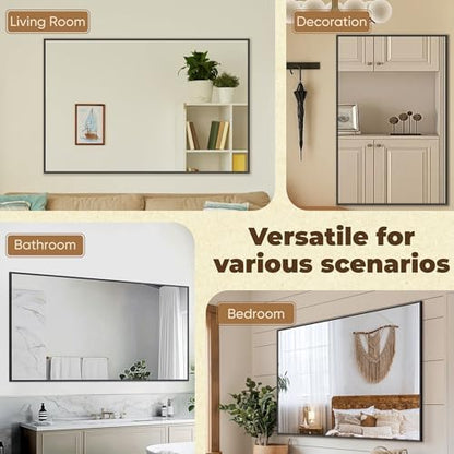 Antok 55x30 Black Metal Framed Bathroom Mirror, Wall Mirror with Rect Corners, Vanity Mirror for Over Sink, Anti-Rust Tempered Glass, Horizontal/Vertical Hanging for Bathroom, Living Room, Entryway