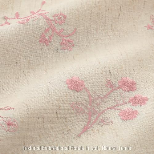 Pink Floral Vintage Linen Shower Curtain Embroidered Textured 72Wx72H
