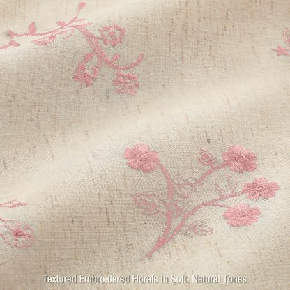 Pink Floral Vintage Linen Shower Curtain Embroidered Textured 72Wx72H