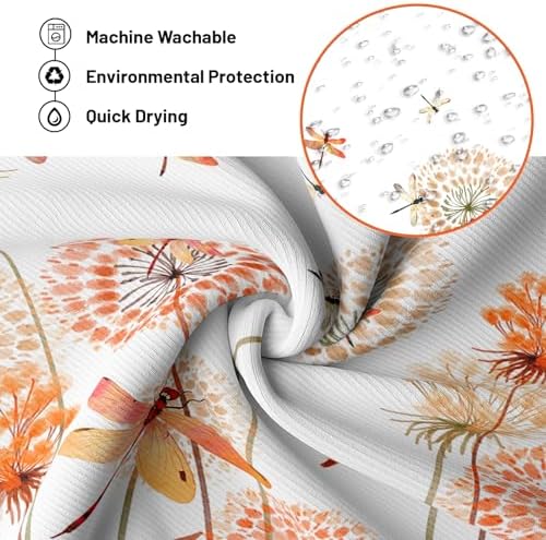Orange Dandelion Shower Curtain Spring Dragonfly White Watercolor Shower Curtains for Bathroom Decor, Waterproof Cloth Fabric with Hooks 70" Wx72 L