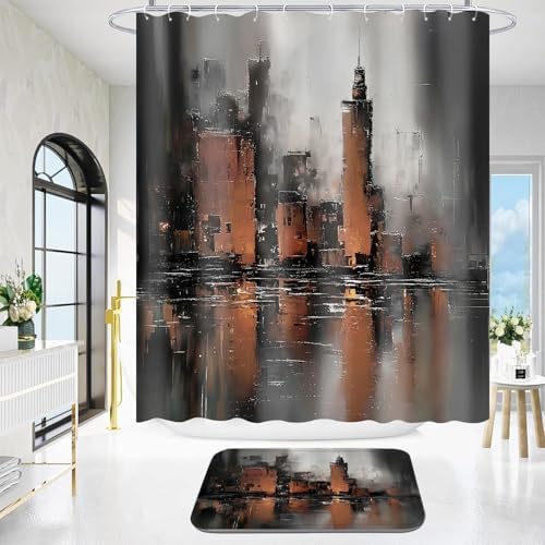 Yddsky 4 Pcs Brown Abstract Shower Curtain Set with Rugs Bathroom Set