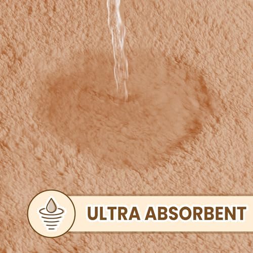 TECHMILLY Fluffy Bathroom Rug Mat 24x17, Absorbent Thick Non Slip Microfiber Mats, Quick Dry Machine Washable Bath Rug for Bathroom Floor, Bathtub and Shower, Beige