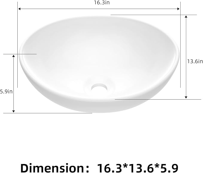 Vessel Sink 15.75x13 Inch, Oval Ceramic Bathroom Vessel Sink, Drop-In Above Counter Vanity Sink for Bathroom, White Wash Basin Bowl