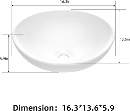 Vessel Sink 15.75x13 Inch, Oval Ceramic Bathroom Vessel Sink, Drop-In Above Counter Vanity Sink for Bathroom, White Wash Basin Bowl
