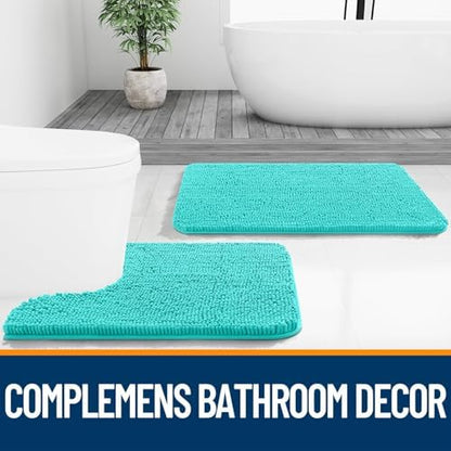 OLANLY Chenille Bathroom Rugs Mats Sets 2 Piece, 24"x16"+24"x20", Teal