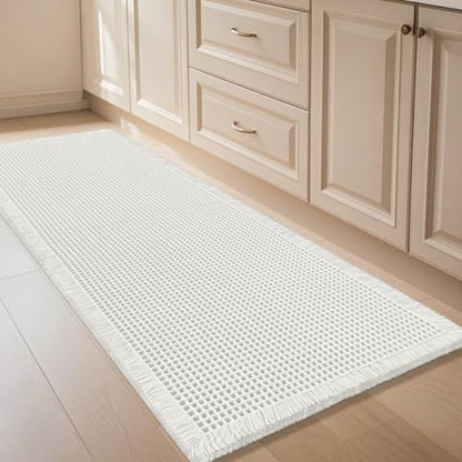 IM HOME Waffle Bath Mat White 4'x2', Boho Woven Modern Bath Mat Rugs, Absorbent Non Slip Bathroom Rugs, Soft Washable Bath Rugs with Tassels for Bathroom, Bedroom, Kitchen, Shower, Tub