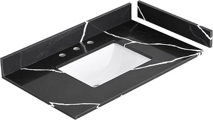 36 in. W x 22 in D Quartz Vanity Top in Black Marquina,with One Sidesplash & One Backsplash, Vanity Sink Top with Assembled Single Drop-in Sink, Pre-Drilled 8 Inch Faucet Hole Countertop