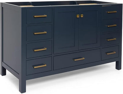 ARIEL Cambridge 54-inch Bathroom Vanity Base Cabinet,Solid Wood, 2 Soft Closing Doors, 9 Dovetail Drawers, Midnight Blue