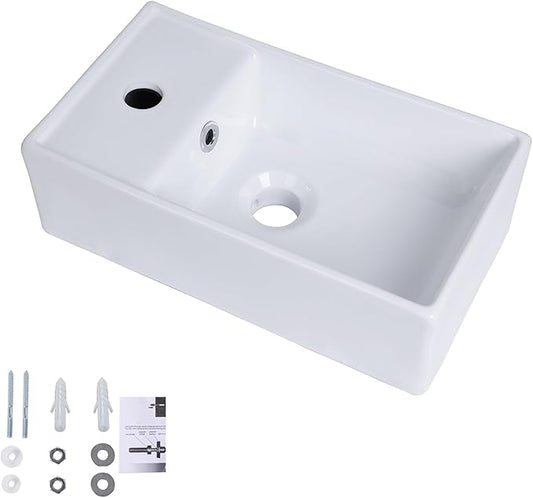 Small Wall Mount Bathroom Vessel Sink, QISHKA 15.5" X 8.5" Rectangular Floating Ceramic Wash Hand Basin- White Wall Hung Vanity Sink with Overflow for Small Bathroom (Left Hand)