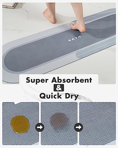 MontVoo Bath Mat Runner - Long Non Slip Absorbent Quick Dry Thin Bath Rug for Bathroom Floor Mat - Rubber Backed - Stain Resistant - Easy Care - Blue17 x50