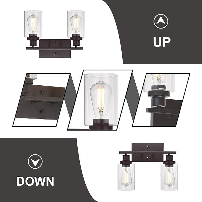 MELUCEE 2-Light Industrial Bathroom Lighting Oil Rubbed Bronze | Bathroom Light Fixtures Wall Mount Sconces with Clear Glass Shade for Bedroom Living Room Kitchen (Patent No.: US D963914 S)